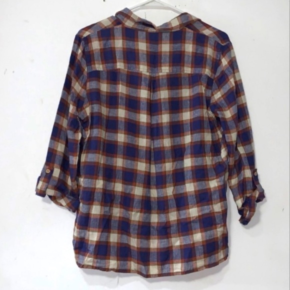 🐦 Multiples sz M Linen Blend Embroidered Plaid Button Down Shirt - Picture 2 of 7